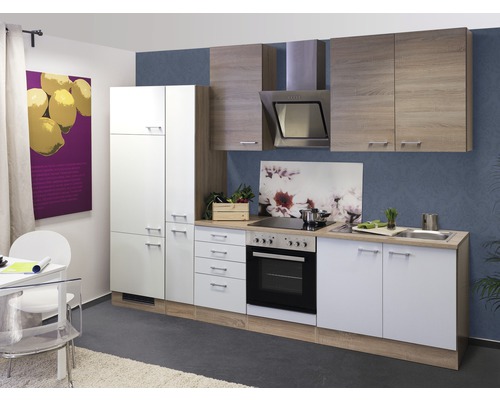 FLEX WELL Keukenblok met apparatuur Samoa wit en sonoma eiken mat 300x60 cm FLEX WELL Keukenblok met apparatuur Samoa wit en sonoma eiken mat 300x60 cm