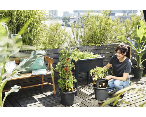 Tuinbeplantingsscène met verhoogde tuinbak, plantenbakken en vrouw op terras