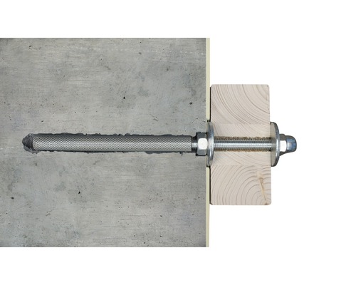 Betonanker met draadstang voor bevestiging van een houten onderdeel aan beton