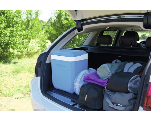 Koelbox en bagage in de kofferbak van een auto
