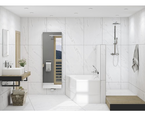 Moderne badkamer met bad, douche, wastafel en spiegel tegen een witte marmeren achtergrond