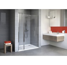 Moderne badkamer met douchecabine, wastafel en grijze tegels