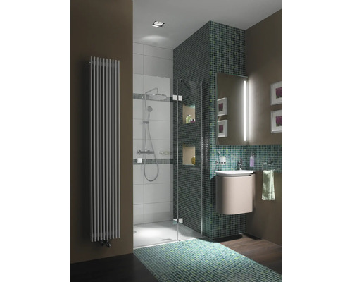 Badkamer met douche, wastafel en radiator