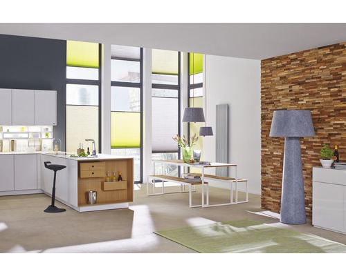 Modern interieur met keuken, eetgedeelte en plisségordijnen voor privacy en zonwering.