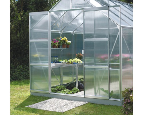 Kas met planken, tafel en planten