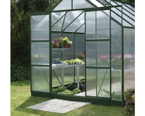 Kas met planten en groenten op tafels en planken