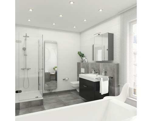 Badkamer met douche, wastafelonderkast, spiegelkast en bad