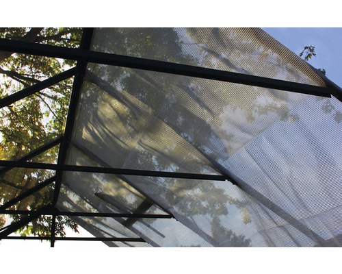 Detailaanzicht van het dak van een kas met een metalen frame en lichtdoorlatende panelen