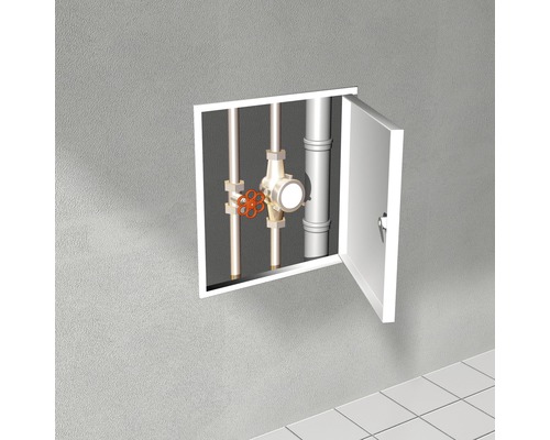 Inspectieluik met watermeter en leidingen in de muur