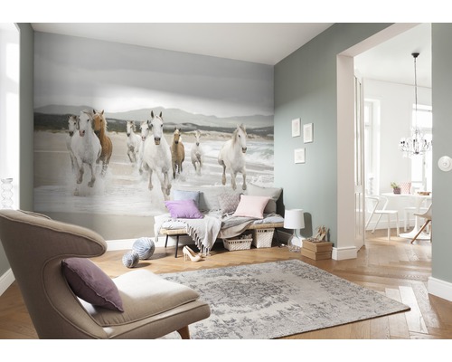 Woonkamer met fotobehang waarop een groep galopperende paarden op het strand te zien is, plus een fauteuil en vloerkleed