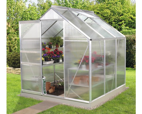 VITAVIA Kweekkas Venus 3800 aluminium met kanaalplaten 4 mm 195 x 195 cm Kas met planten op rekken in de tuin
