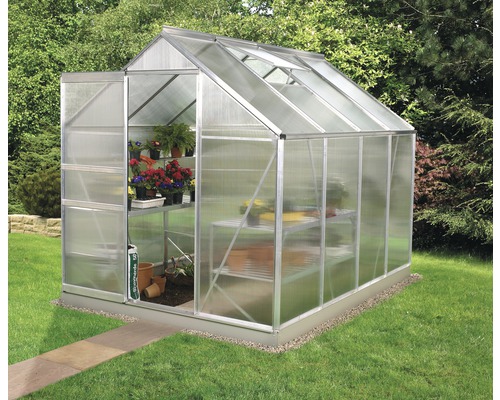 VITAVIA Kweekkas Venus 5000 aluminium met kanaalplaten 4 mm 195 x 257 cm Kas met planken en planten in de tuin