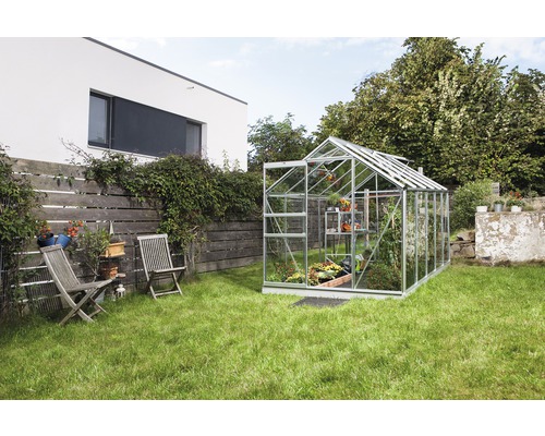 VITAVIA Broeikas Venus 6200 enkel veiligheidsglas 3 mm 195x321 cm aluminium Kas in de tuin met planten en tuinmeubelen