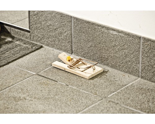 Houten muizenval op tegelvloer