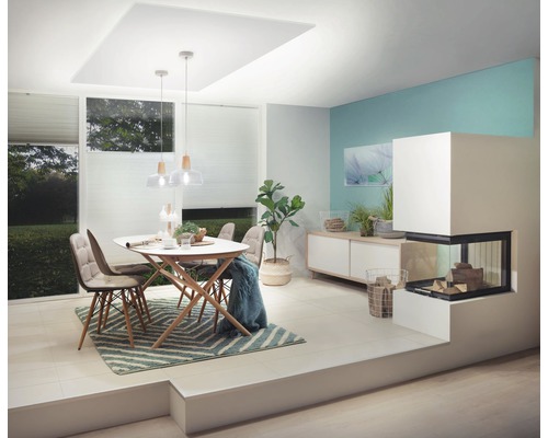 Lichte woonkamer met eettafel, stoelen, open haard en ramen met plisségordijnen