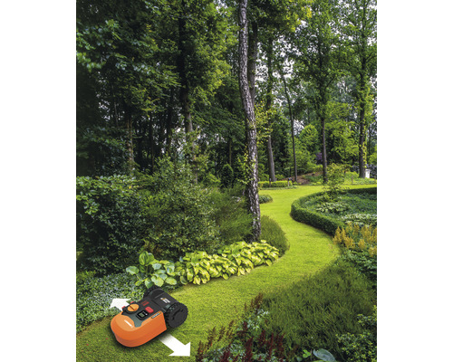 Een robotmaaier rijdt door een weelderige tuin met bomen en struiken.