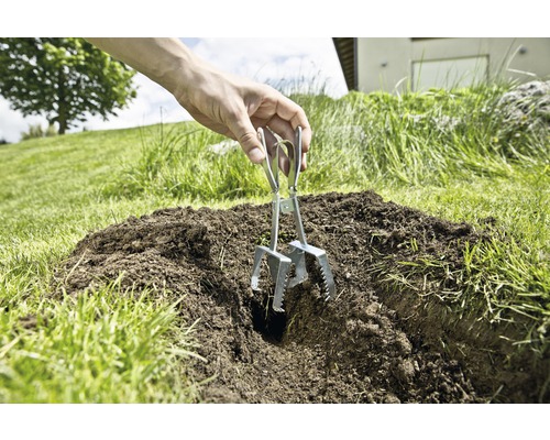 Een persoon gebruikt een mollenklem in de tuin.