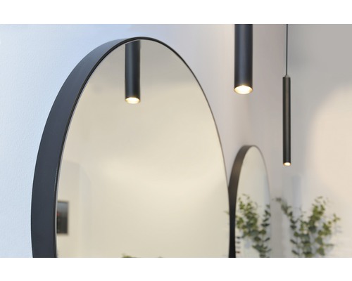 Ovale spiegel met zwart frame en plafondlampen