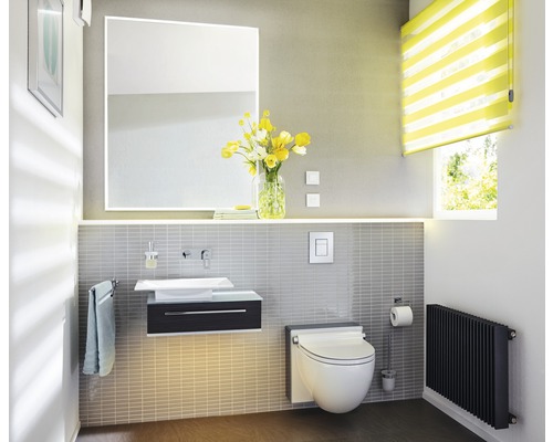 Moderne badkamer met wastafel, spiegel, toilet en radiator.