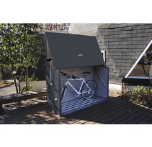 Fietsbox met geopend deksel en fiets op een terras