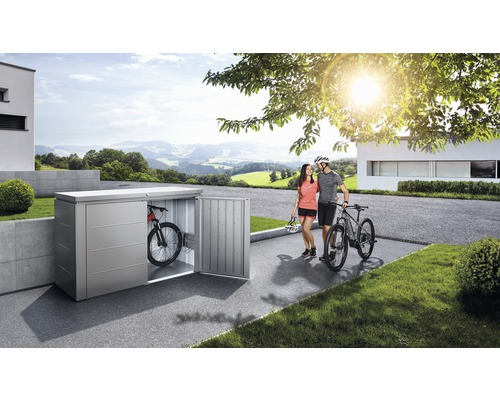 "Metalen fietsbox met open deur, met daarin een fiets