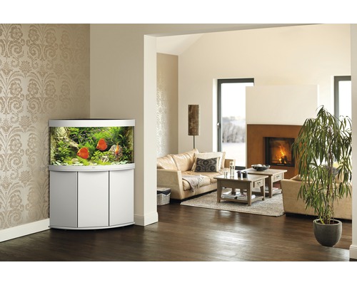 Woonkamer met hoekaquarium, bank en open haard