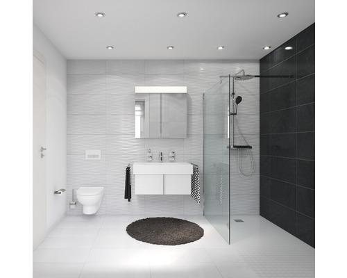 Lichte badkamer met douche, wastafel, spiegelkast en toilet