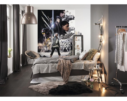 Slaapkamer met bed, tapijten, kledingrek en Star Wars muurschildering