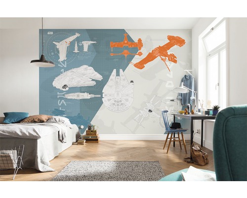 Moderne kamer met Star Wars fotobehang met illustraties van ruimteschepen