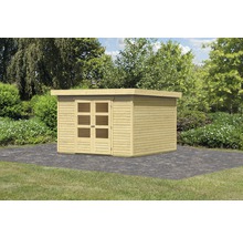Houten tuinhuis met dubbele deur en plat dak in de tuin
