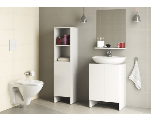 Badkamer met toilet, wastafelonderkast, spiegel en plank