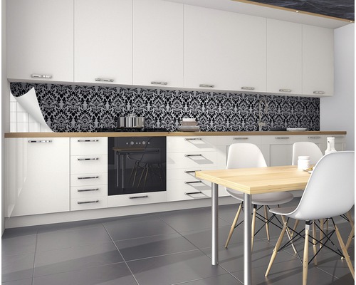 Moderne keuken met spatwandfolie in damastdesign