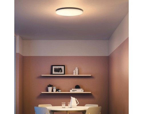 Platte plafondlamp boven een eettafel in een eetkamer.