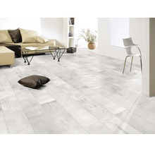 Lichte woonkamer met laminaatvloer in houtlook, bank en tafel.
