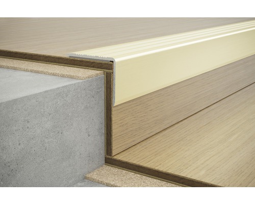 Detailopname van een trap met trapprofiel en laminaat