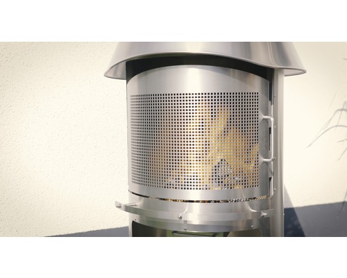 Gedetailleerd zicht op een roestvrijstalen terrasverwarmer