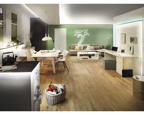 Lichte woonkamer met eettafel, bank, bureau en houten vloer