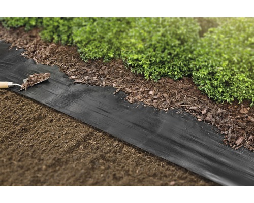 Tuinscène met anti-worteldoek, houtsnippers en planten