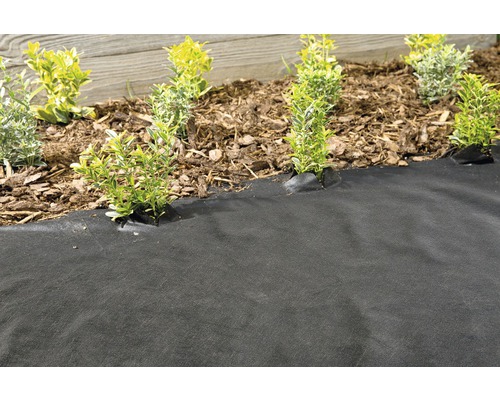 Tuinscene met onkruiddoek en planten in de border