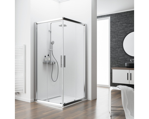 SCHULTE Douchecabine hoekinstap Kristall/Trend 80x80 cm chroom Badkamer met glazen douchecabine en schuifdeuren, uitgerust met douchegarnituur en opbergplank