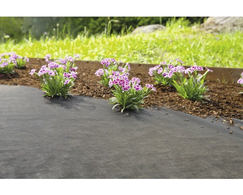 Tuinscene met onkruiddoek, bloemen en houten rand