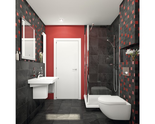 Moderne badkamer met douche, wastafel en toilet tegen een gem patterned wand