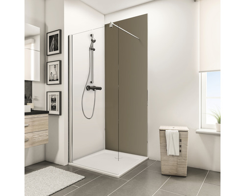 SCHULTE Douche achterwand 90x210 cm uitbreidingsset taupe Douchecabine met douchebak, kraan en handdoekmand in een badkamer