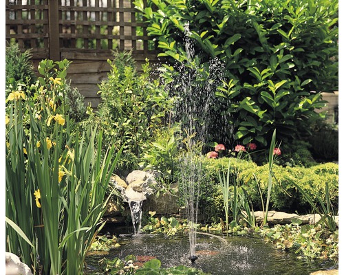 Vijver met fontein en waterplanten in een tuin