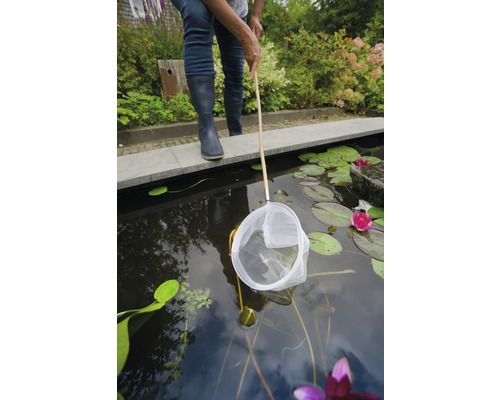 Een persoon gebruikt een schepnet in de tuinvijver om schoon te maken.