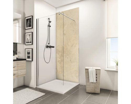 SCHULTE Douche achterwand 100x255 cm kalksteen Lichte badkamer met inloopdouche, douchearmatuur en handdoek