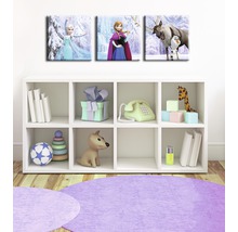 Decoratief canvas met figuren uit de film Frozen boven een witte boekenkast in een kinderkamer