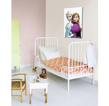 Kinderkamer met bed, tafel, stoel, kast en een muurschildering van Anna en Elsa