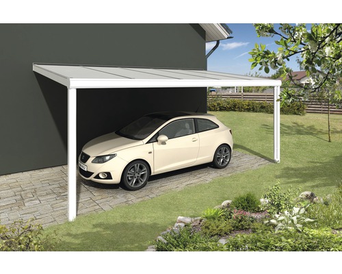 Carport met auto en tuinaanleg