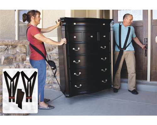 Twee mensen tillen een ladekast met een draagsysteem.